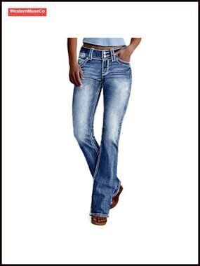 Mid Rise Bootcut Jeans Stretchy Slim Double Button Flare Pants